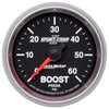 AutoMeter 3605 Sport-Comp II 2-1/16” Boost Pressure gauge, range from 0-60 PSI, black face, LED lighting, analog, mechanical sending unit